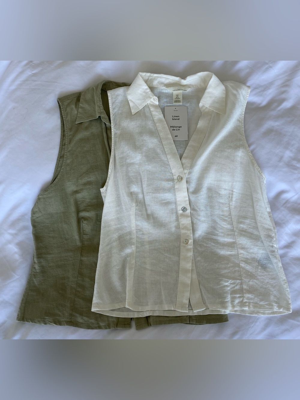 Linen Sleeveless Tops (2 pack)- green and cream